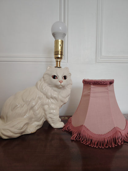 Vintage Reworked White Fluffy Ceramic Cat Lamp