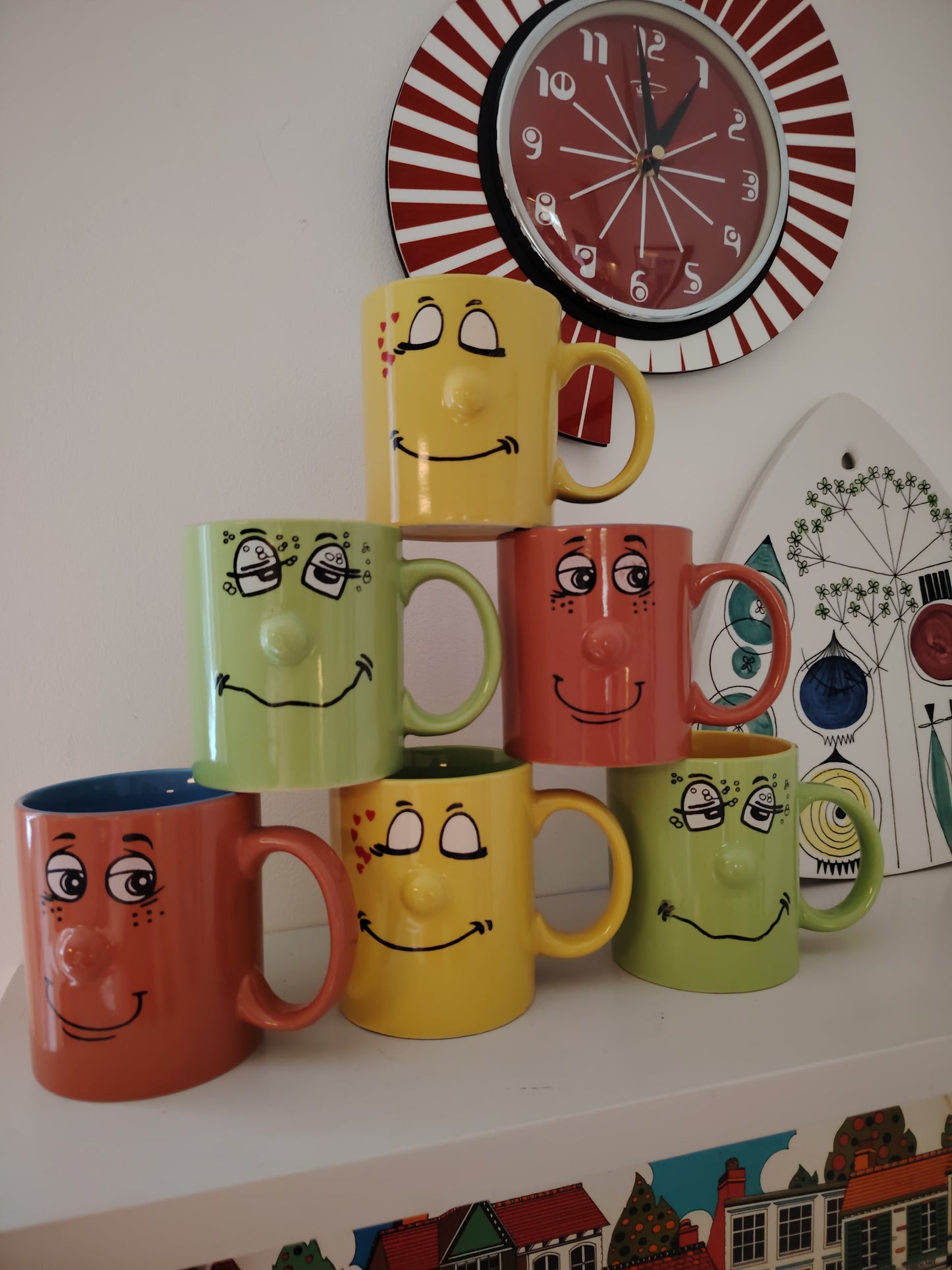 Set of 6 Vintage Colourful 90's Smiley Mugs