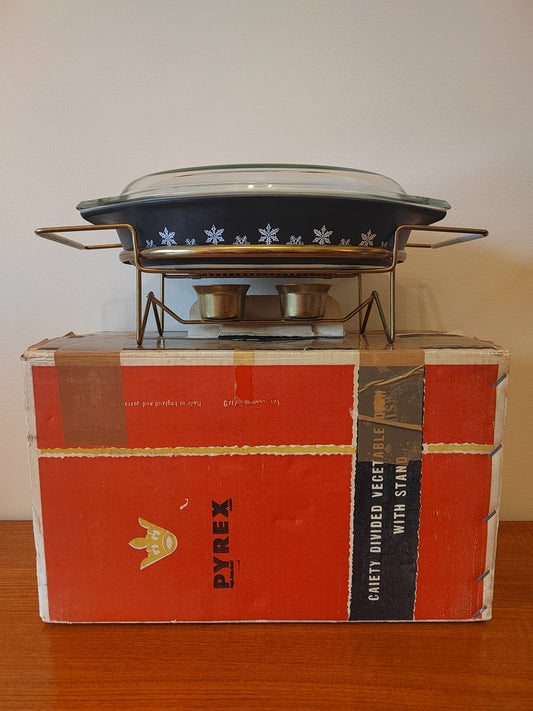 Vintage Boxed Pyrex Gaiety Vegetable Dish with Stand