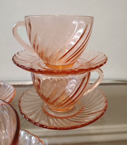 Set of 4 Pink Swirl Glass Cup and Saucers