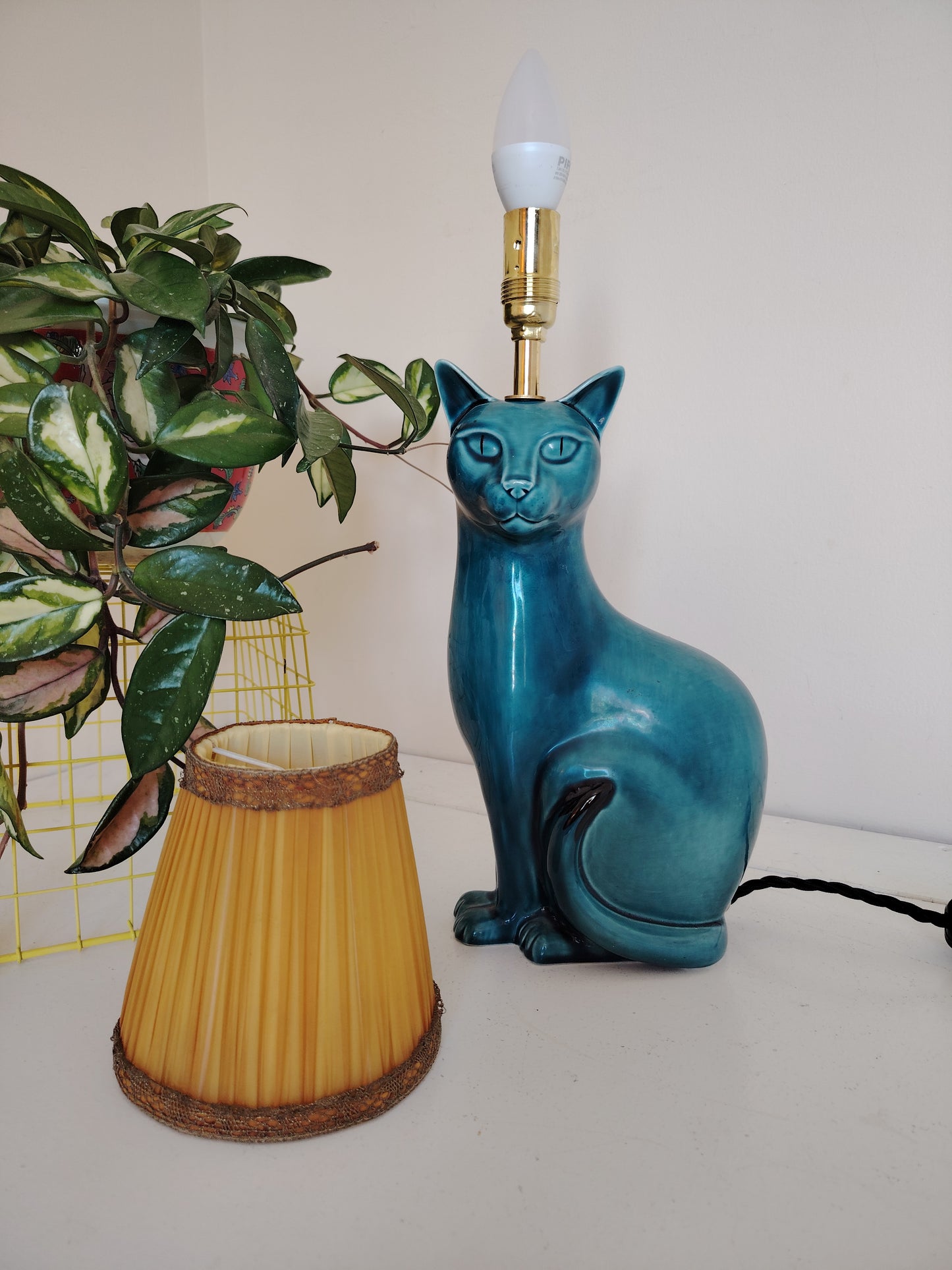 Stunning Blue Mid Century Poole Pottery Reworked Cat Lamp
