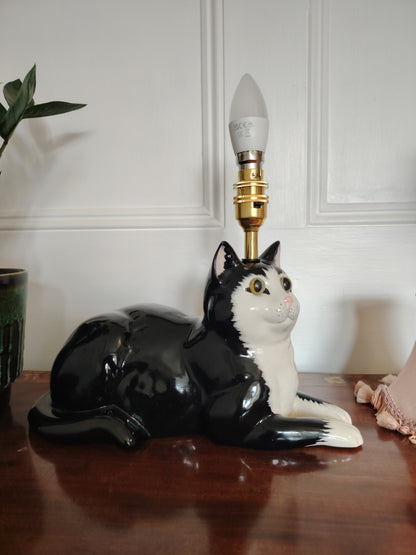 Large Vintage Upcycled Tuxedo Cat Lamp