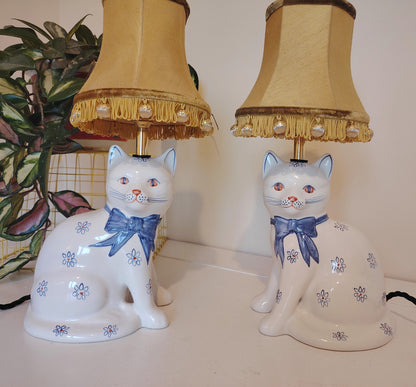Pair of Vintage Upcycled Floral Cat Lamps