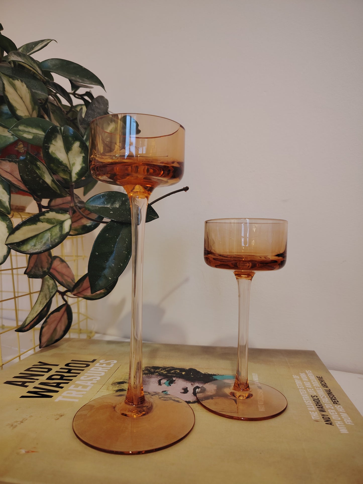Pair of Vintage Amber Glass Wedgwood Brancaster Candle Holders