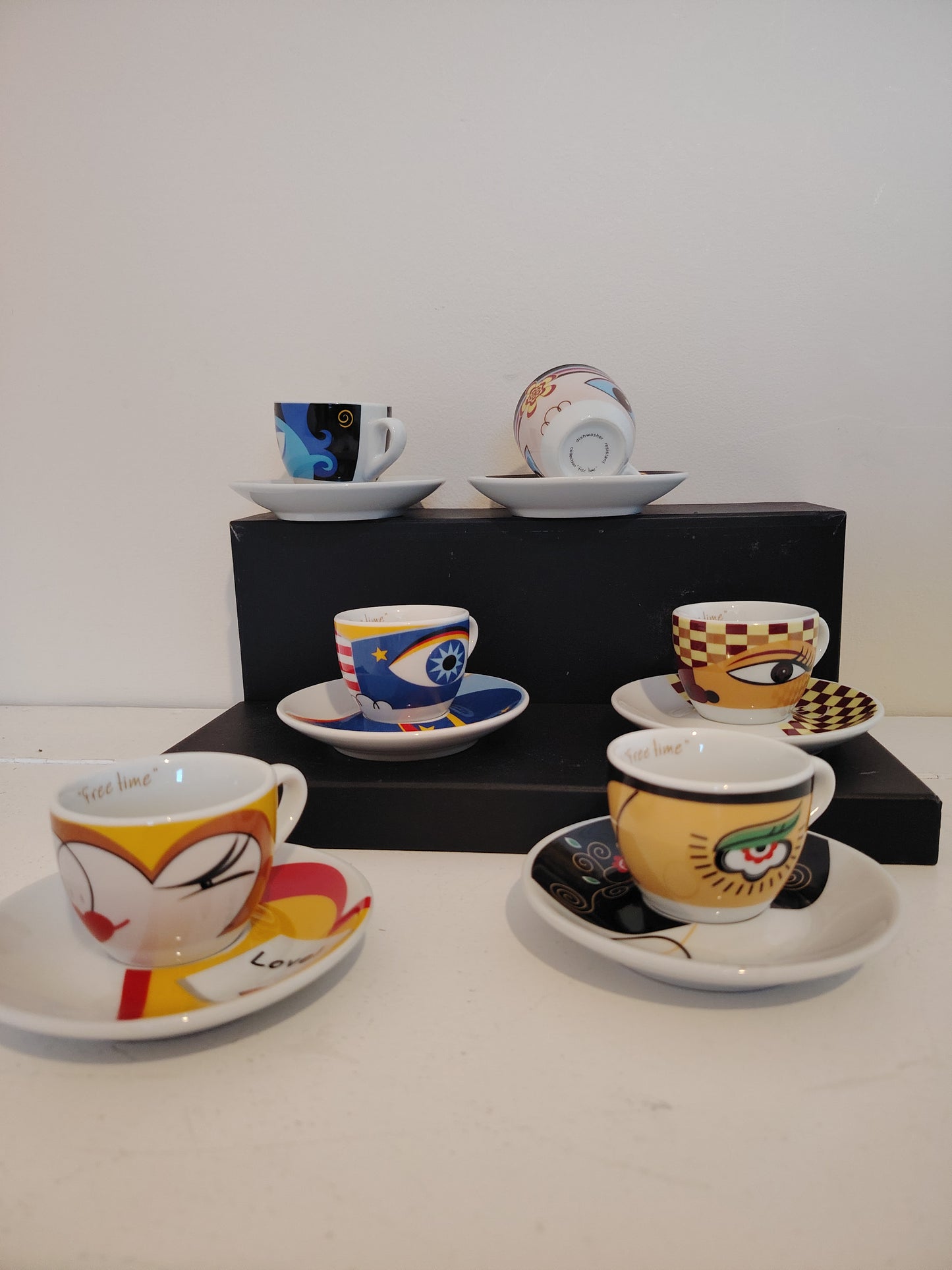 Set of 6 Vintage Eye Design Espresso Cups and Saucers