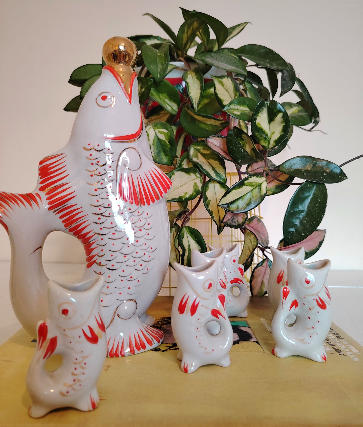 Amazing Vintage Porcelain Fish Decanter Set with 6 Small Fish Glasses