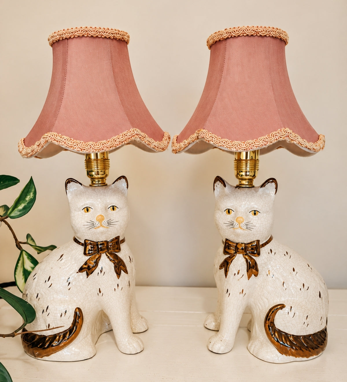 Vintage Pair of Reworked Staffordshire Style Cat Lamps With Pink Shades