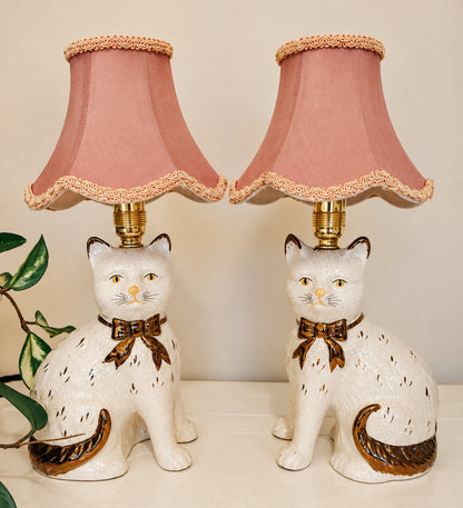 Vintage Pair of Reworked Staffordshire Style Cat Lamps With Pink Shades