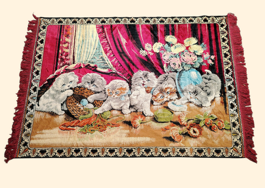Large Vintage Velvet Kittens Rug/ Tapestry