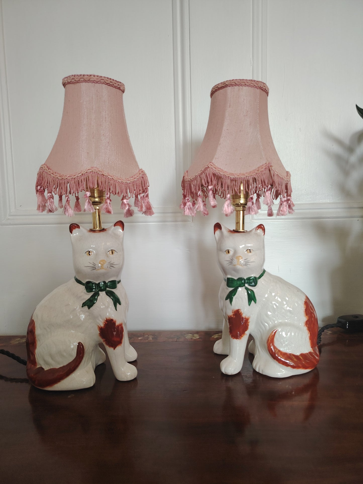 Vintage Pair of Reworked Staffordshire Style Cat Lamps With Pink Shades