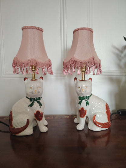 Vintage Pair of Reworked Staffordshire Style Cat Lamps With Pink Shades