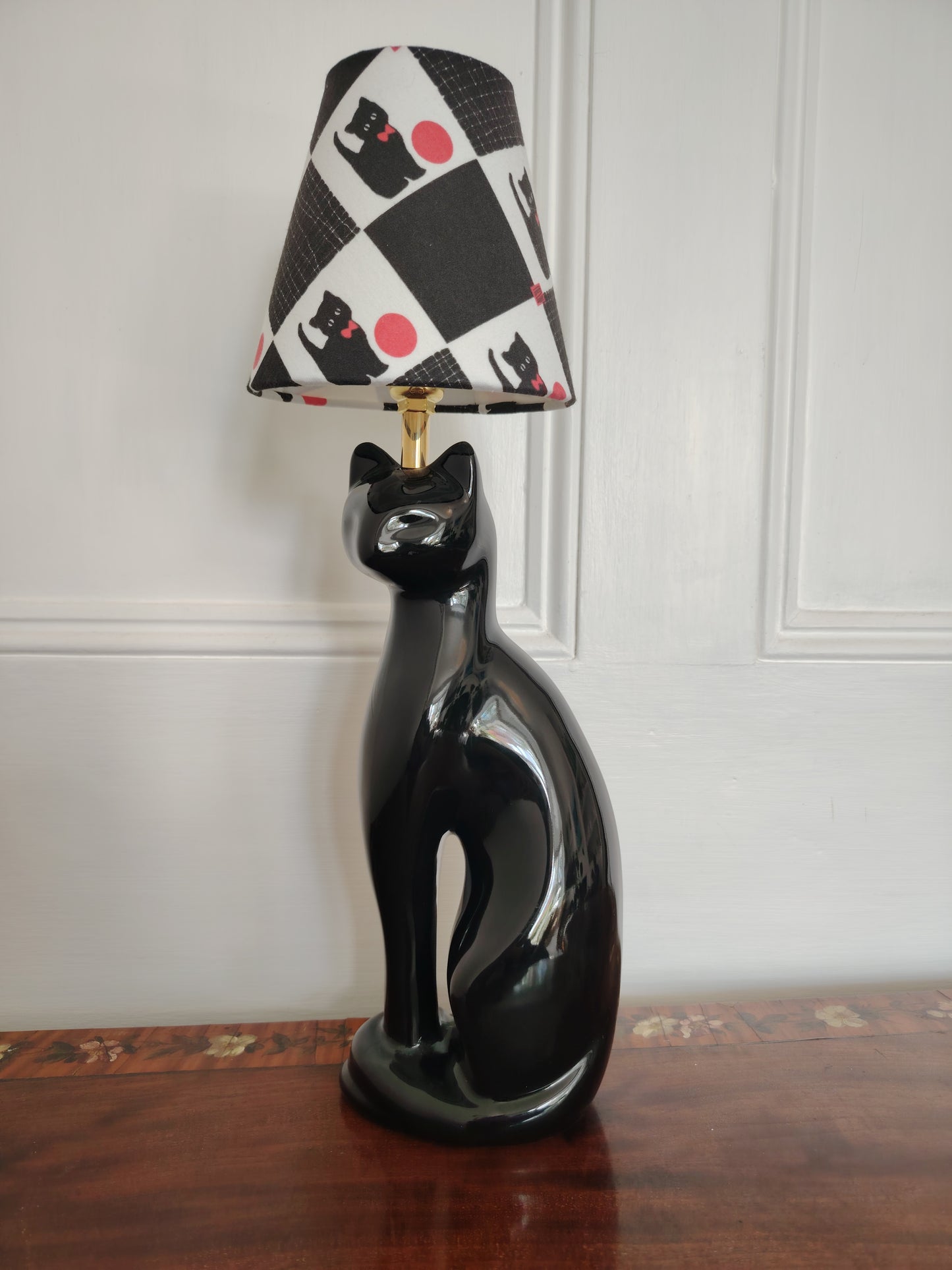 Vintage Reworked Black Cat Lamp with Handmade Shade ❤️🐈‍⬛