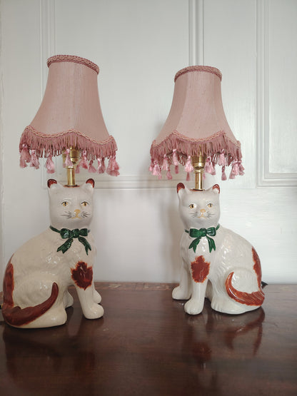 Vintage Pair of Reworked Staffordshire Style Cat Lamps With Pink Shades