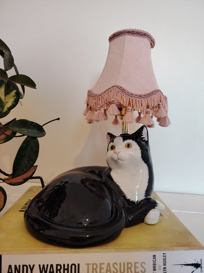 Large Vintage Upcycled Lying Down Tuxedo Cat Lamp