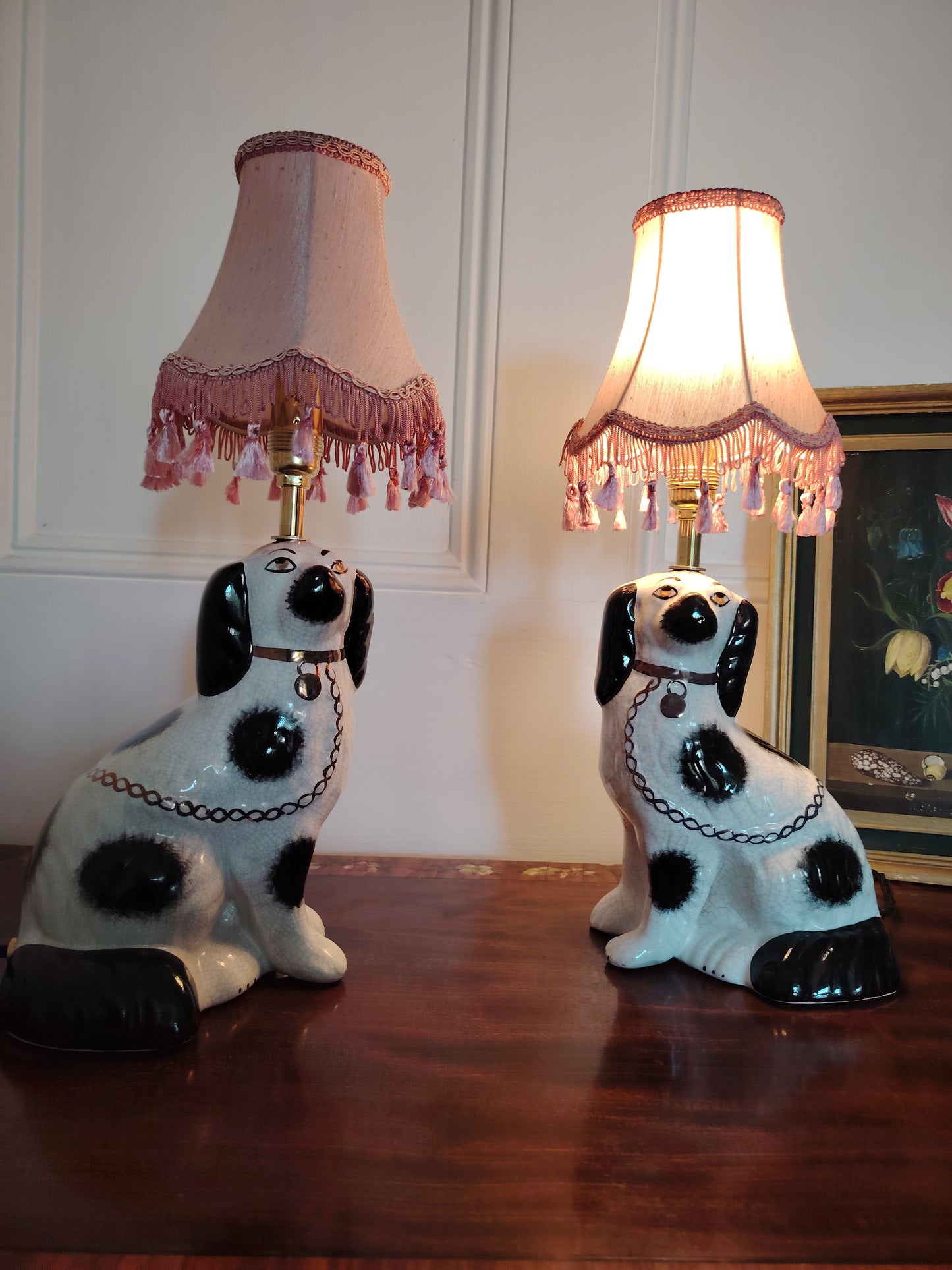 Pair of Vintage Reworked Staffordshire Pot Dog Lamps