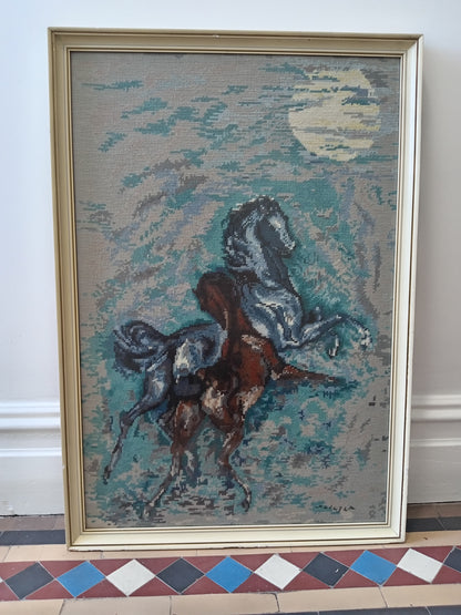 Large 1960's Framed Horses Cross Stitch