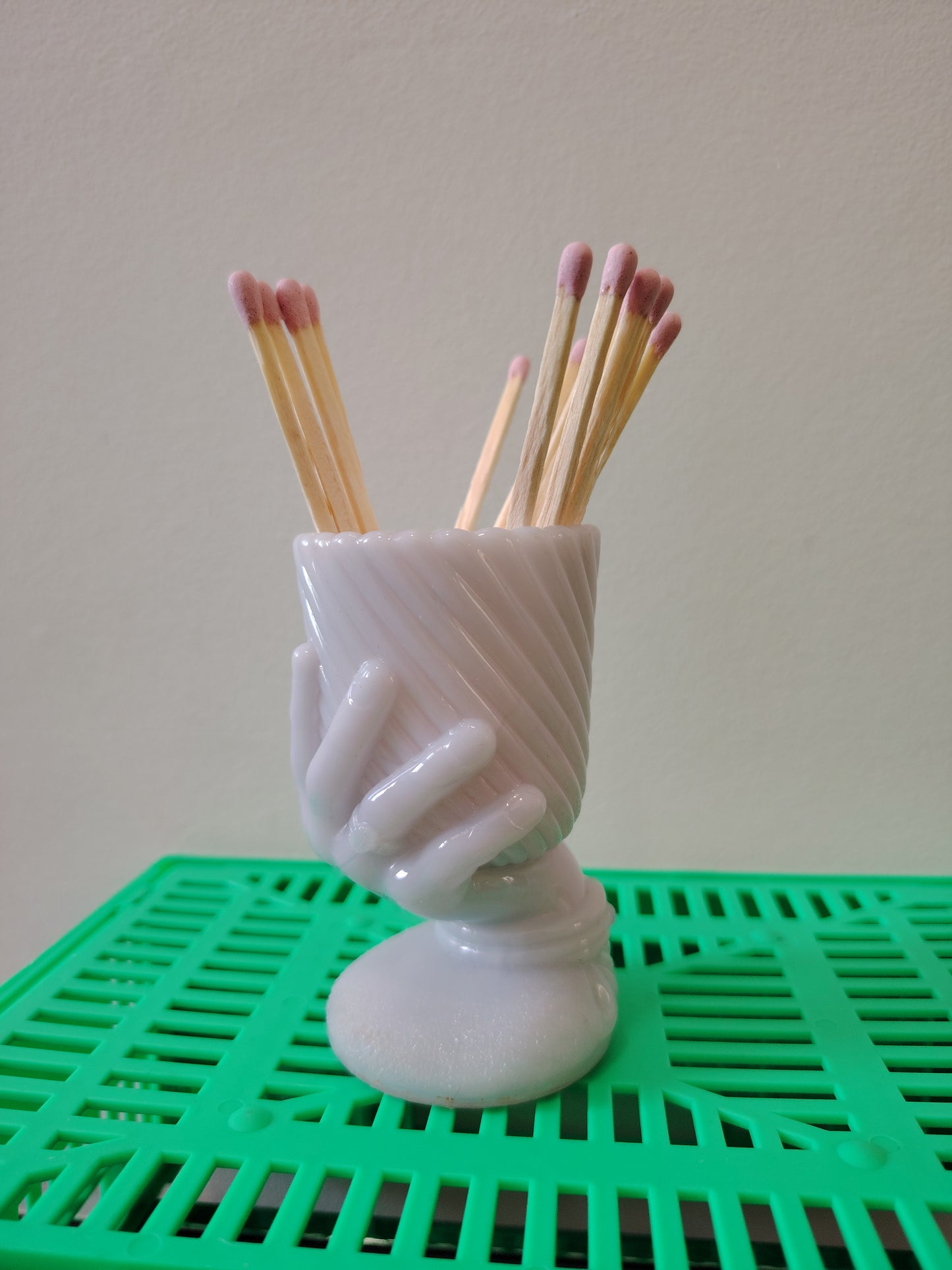 French Antique Milk Glass Hand Match Holder