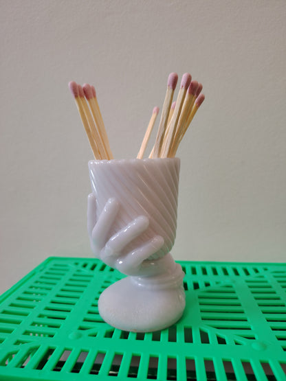 French Antique Milk Glass Hand Match Holder