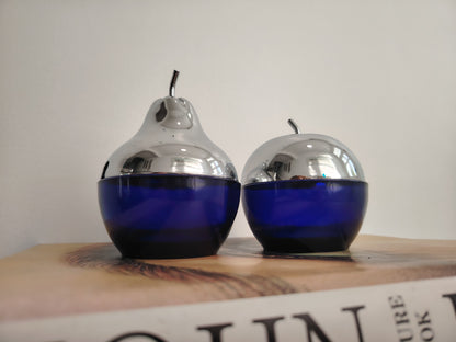 Pair of 70's cobalt blue glass and silver Apple and Pear pots