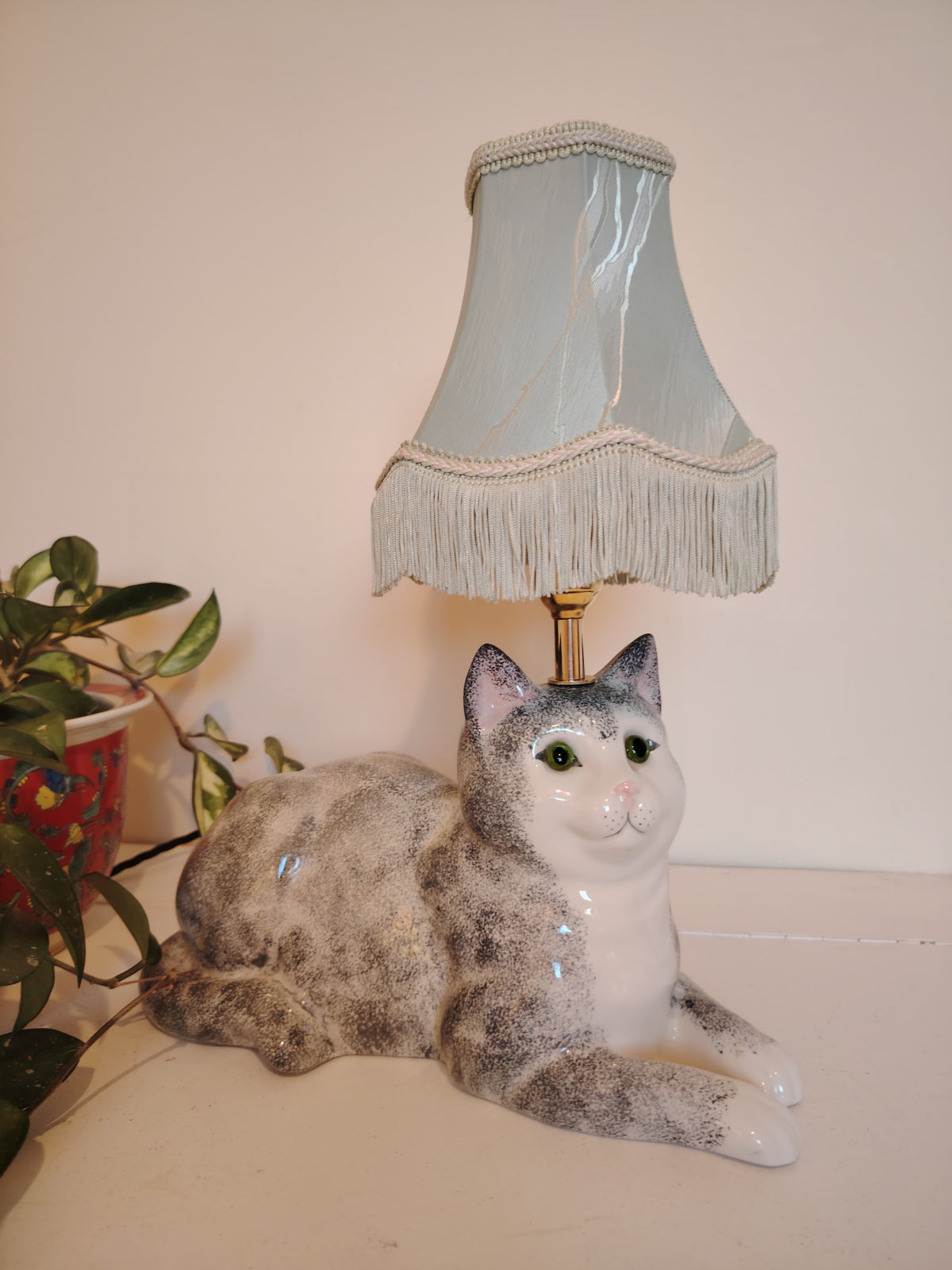 Vintage Reworked Grey and White Cat Lamp
