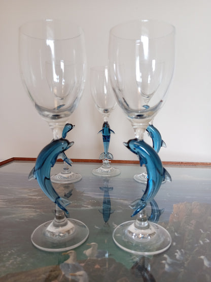 Set of 5 vintage wine glasses with dolphin stems