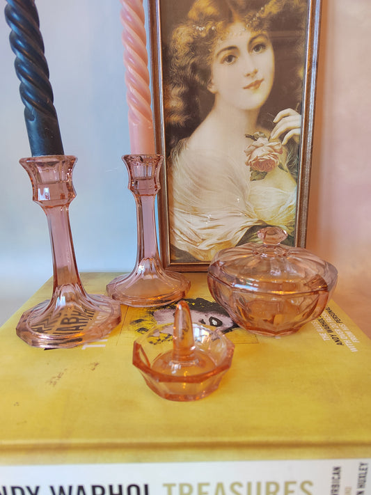 Vintage Pink Glass Dressing Table Set