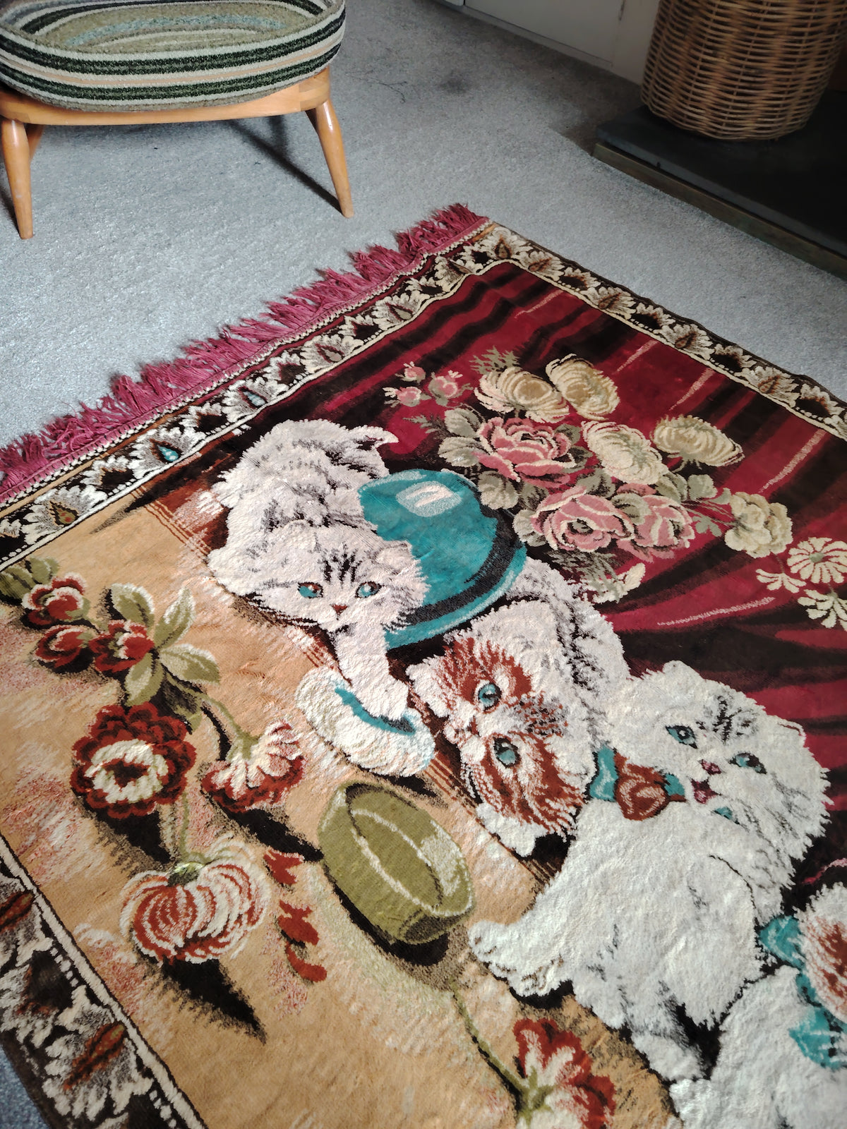 Large Vintage Velvet Kittens Rug/ Tapestry