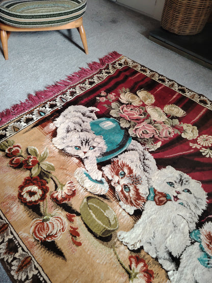 Large Vintage Velvet Kittens Rug/ Tapestry