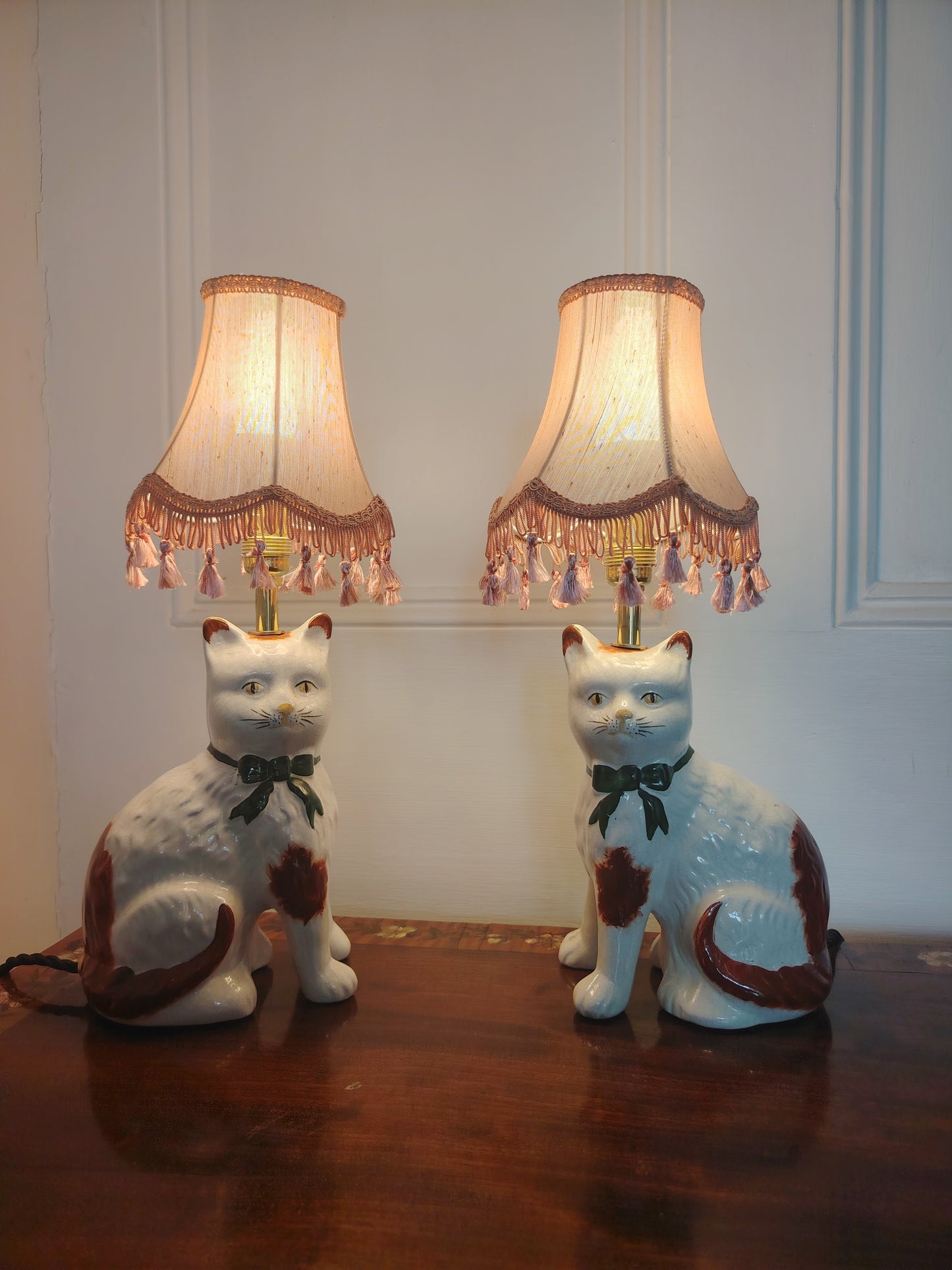Vintage Pair of Reworked Staffordshire Style Cat Lamps With Pink Shades