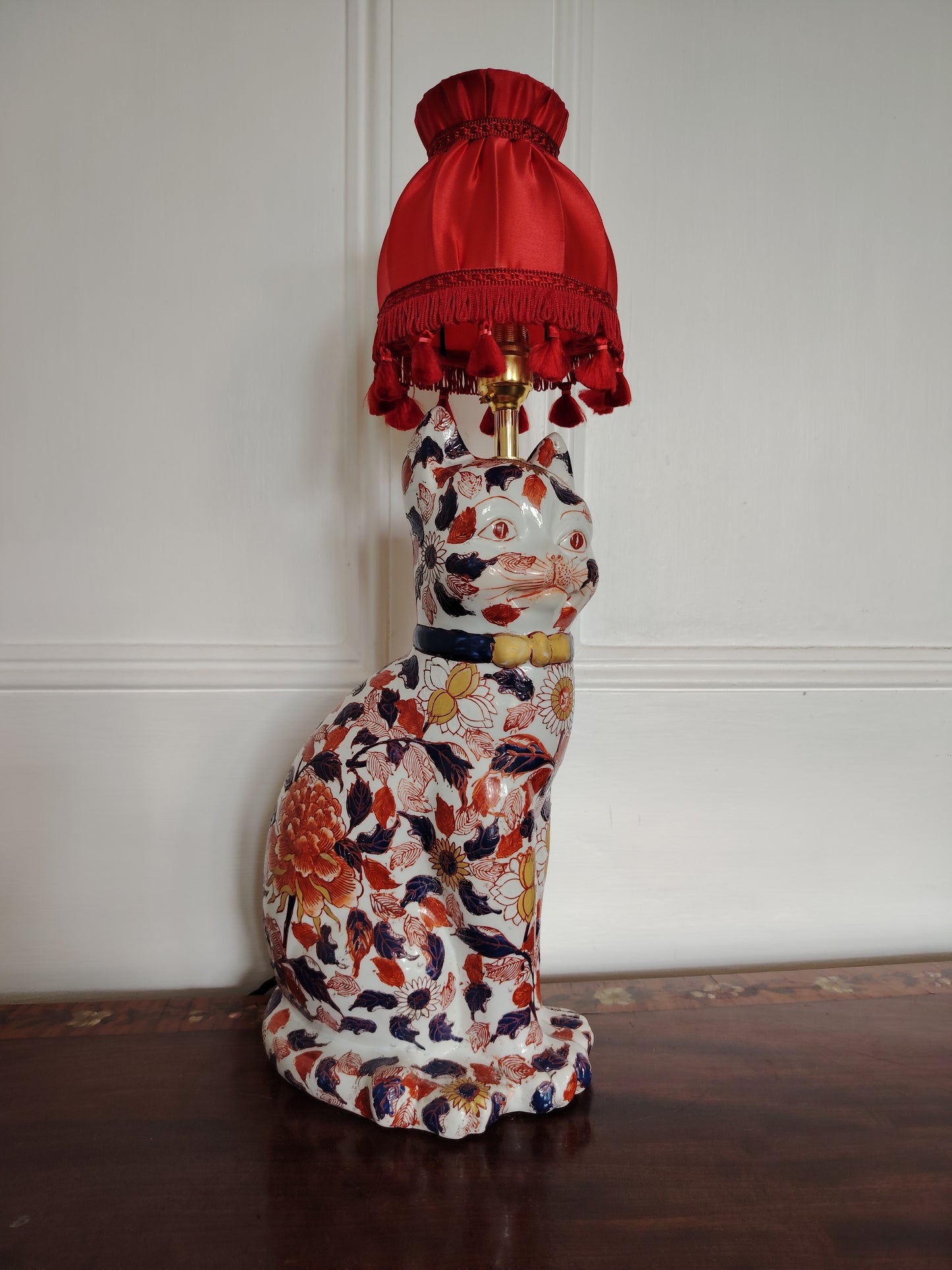 Reworked Antique Floral Imari Cat Lamp