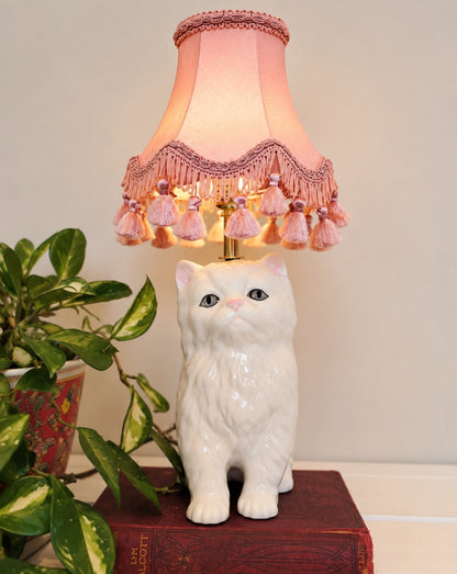 Vintage Reworked White Fluffy Cat Lamp