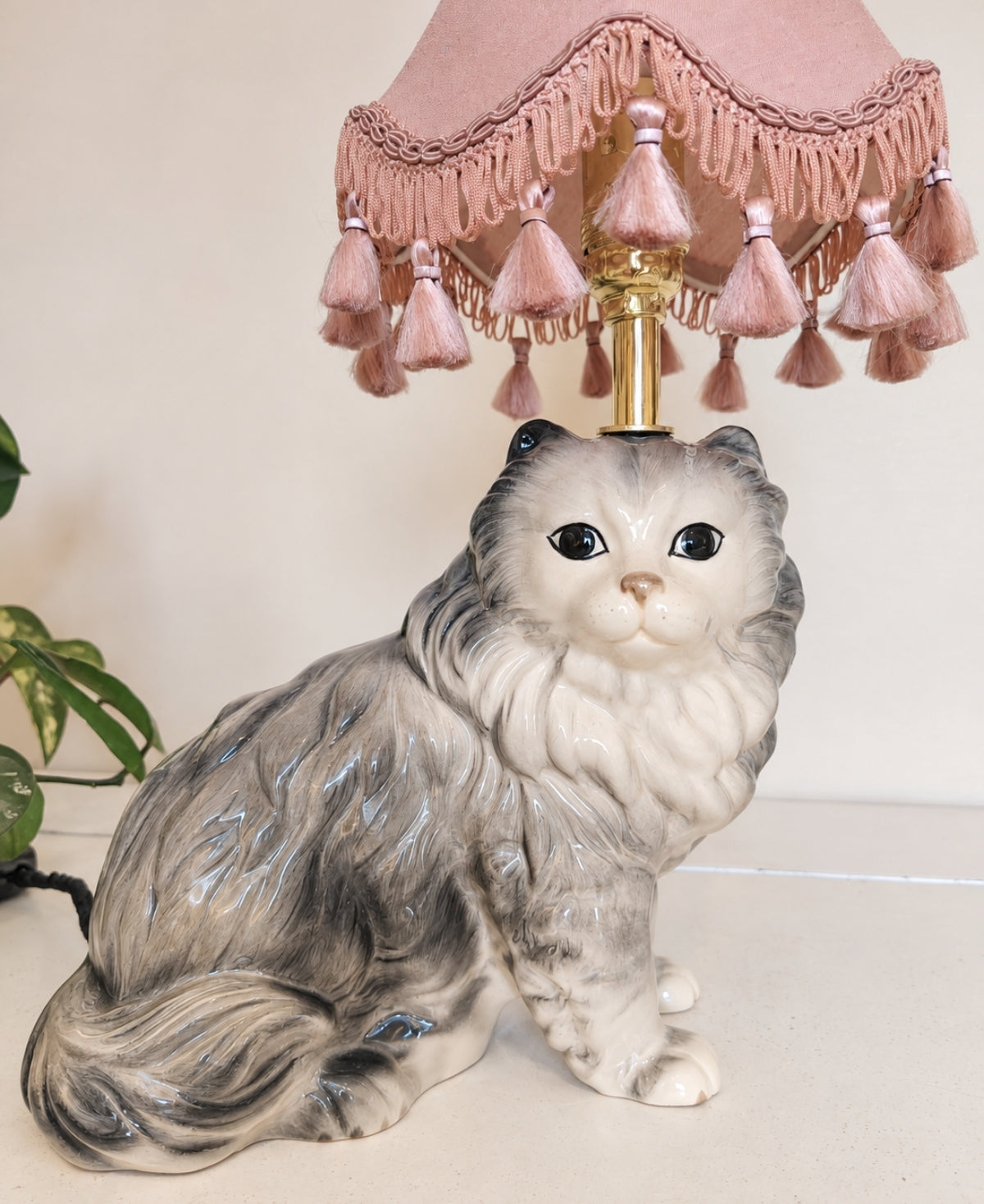 Vintage Reworked Grey Fluffy Cat Lamp