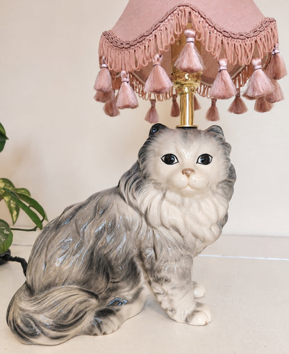 Vintage Reworked Grey Fluffy Cat Lamp