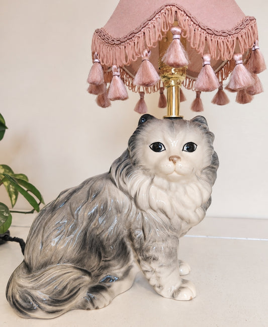Vintage Reworked Grey Fluffy Cat Lamp