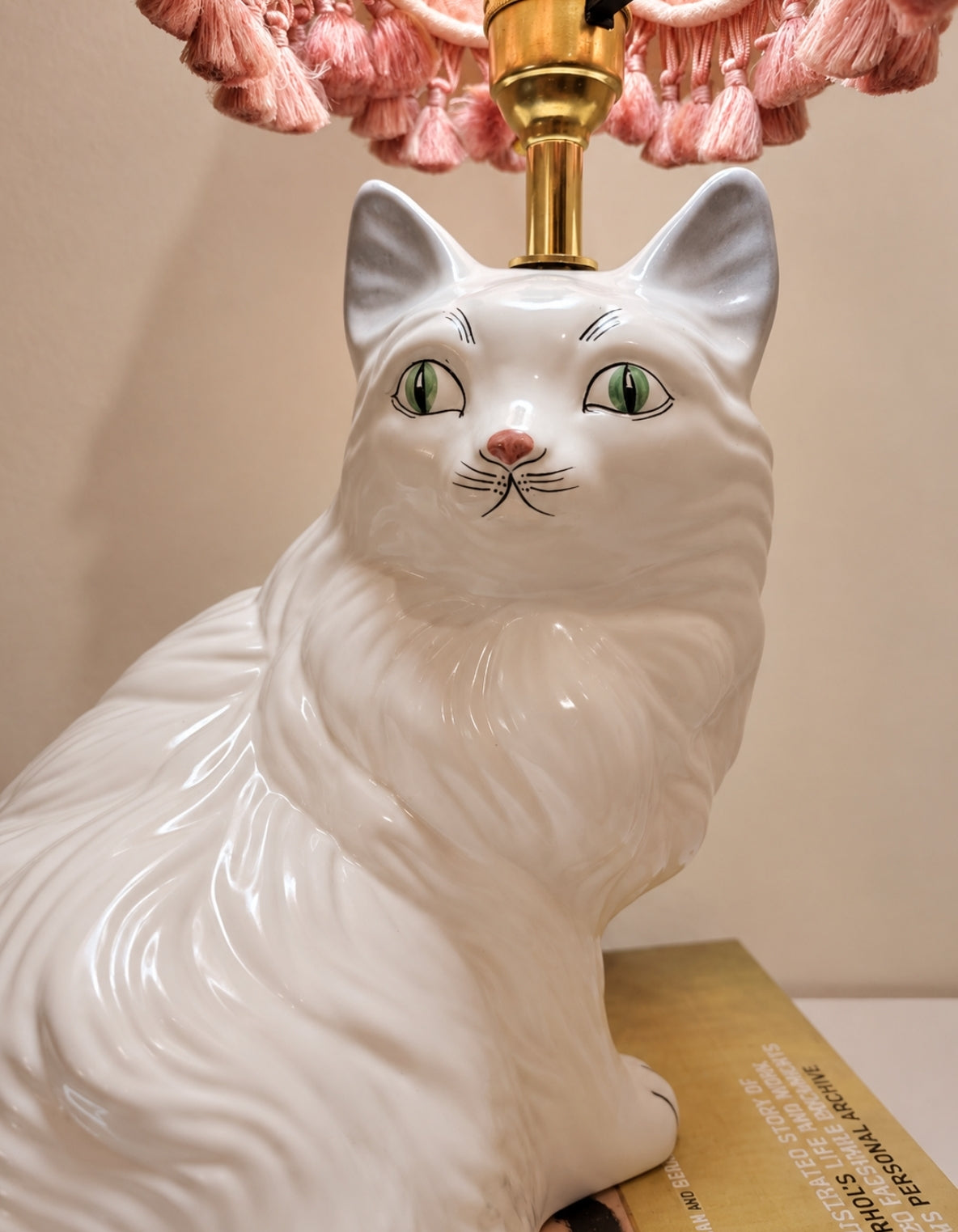 Vintage Reworked White Fluffy Persian Cat Lamp