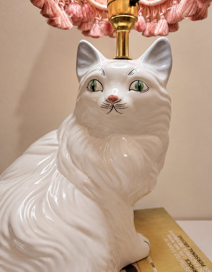 Vintage Reworked White Fluffy Persian Cat Lamp