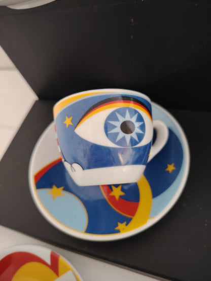 Set of 6 Vintage Eye Design Espresso Cups and Saucers