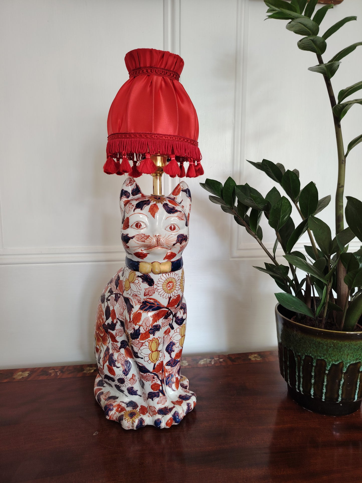 Reworked Antique Floral Imari Cat Lamp
