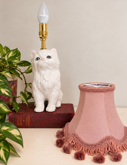 Vintage Reworked White Fluffy Cat Lamp