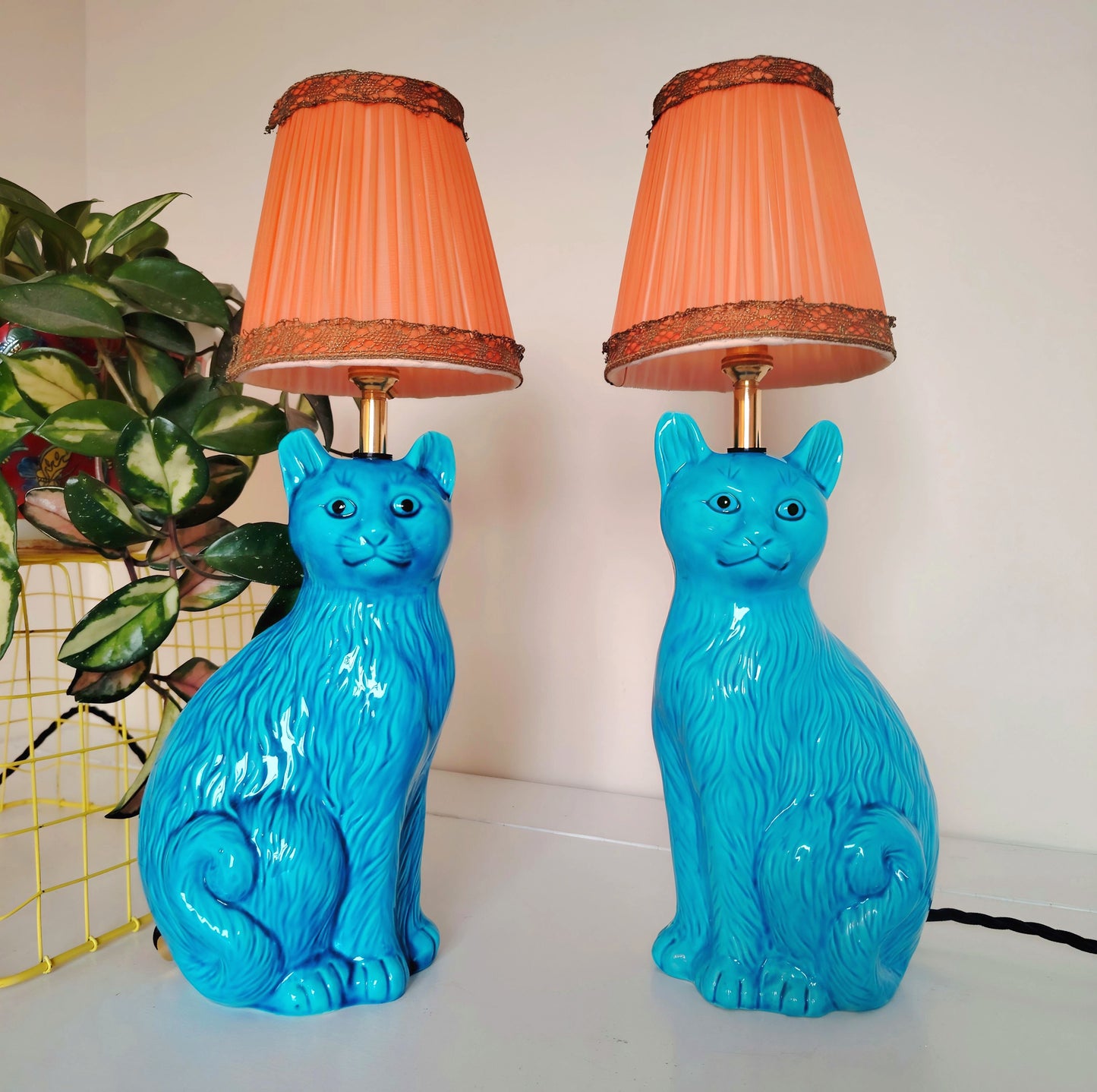 Pair of Stunning Vintage Turquoise Cat Lamps