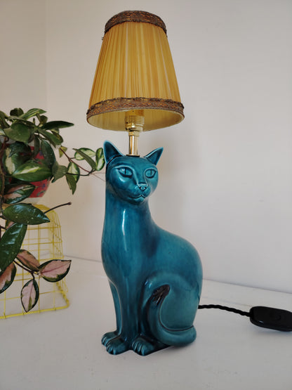 Stunning Blue Mid Century Poole Pottery Reworked Cat Lamp