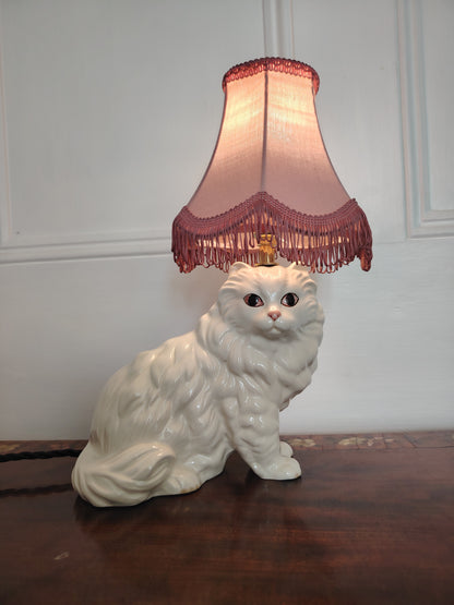 Vintage Reworked White Fluffy Ceramic Cat Lamp