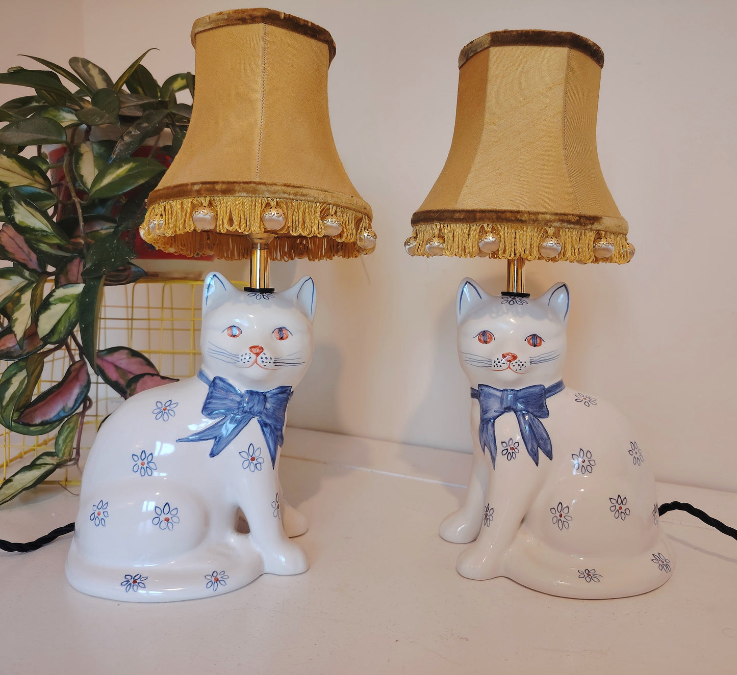 Pair of Vintage Upcycled Floral Cat Lamps