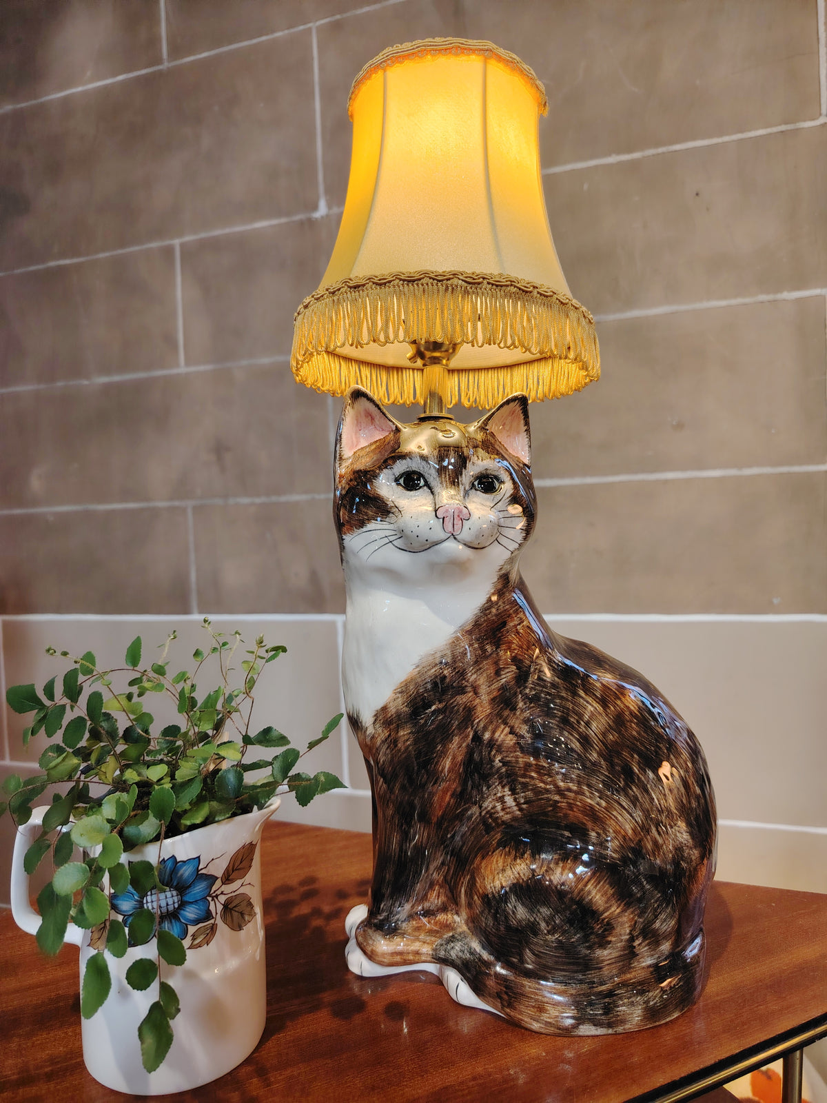 Large Vintage Reworked Hand Painted  Cat Lamp