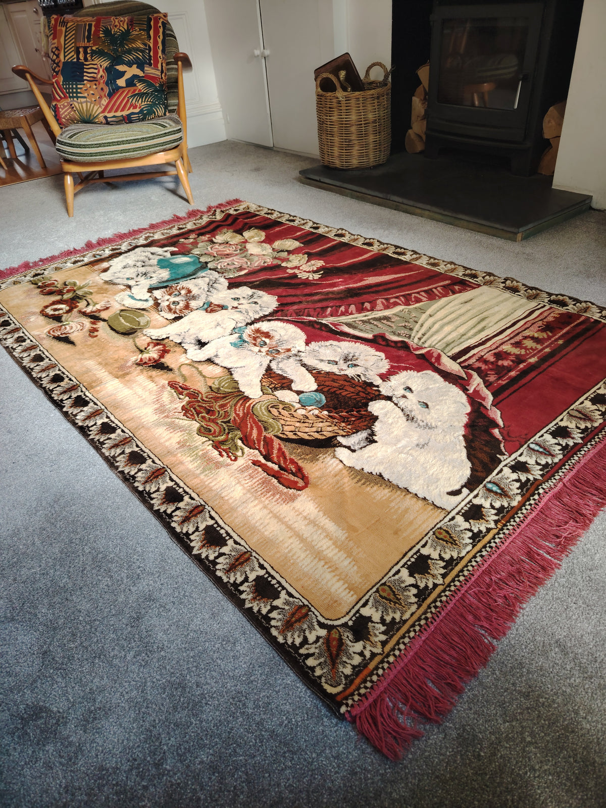 Large Vintage Velvet Kittens Rug/ Tapestry