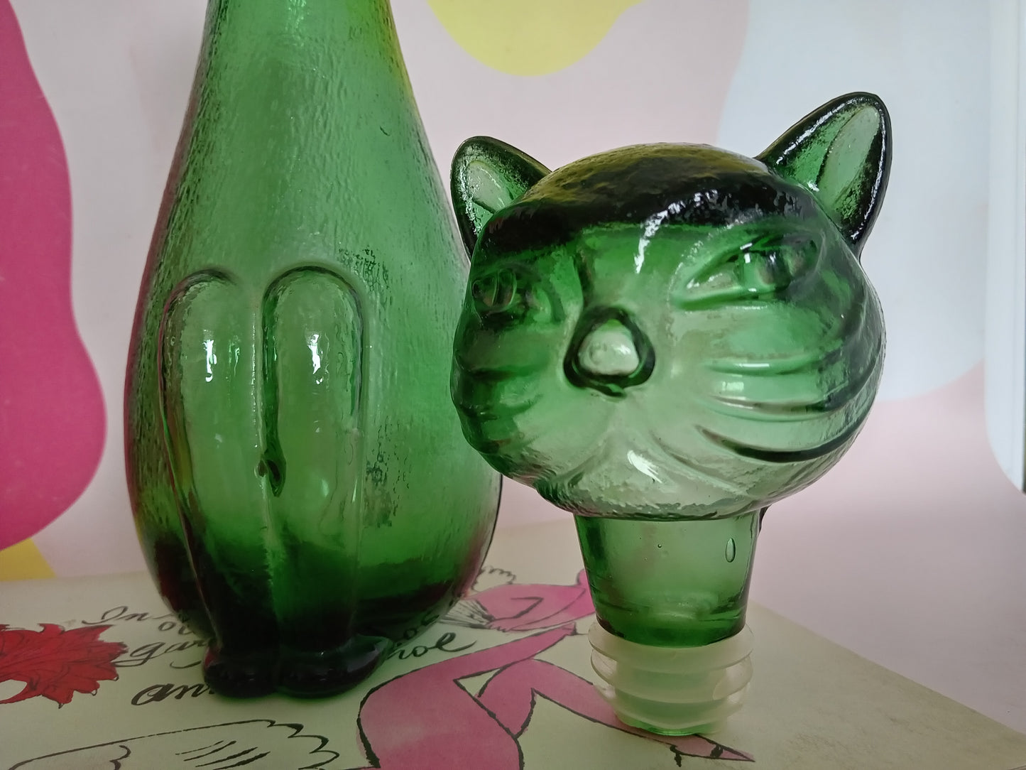 Mid Century Green Glass Cat Shaped Empoli Bottle Decanter