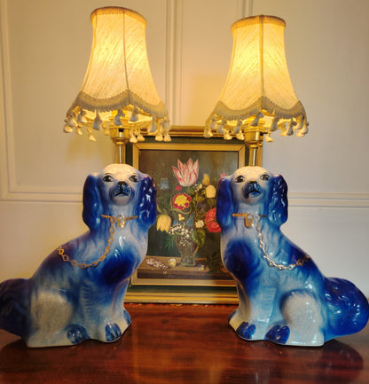 Large Pair of Reworked Staffordshire Style Blue and Gold Pot Dog Lamps