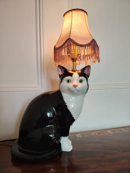 Large Vintage Reworked Tuxedo Cat Lamp