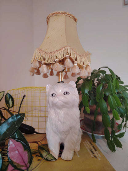 Vintage Upcycled White Kitten Lamp
