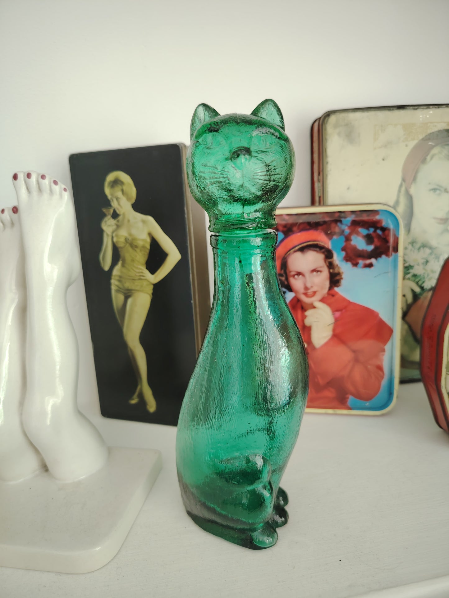 Mid Century Small Green Glass Cat Shaped Empoli Bottle